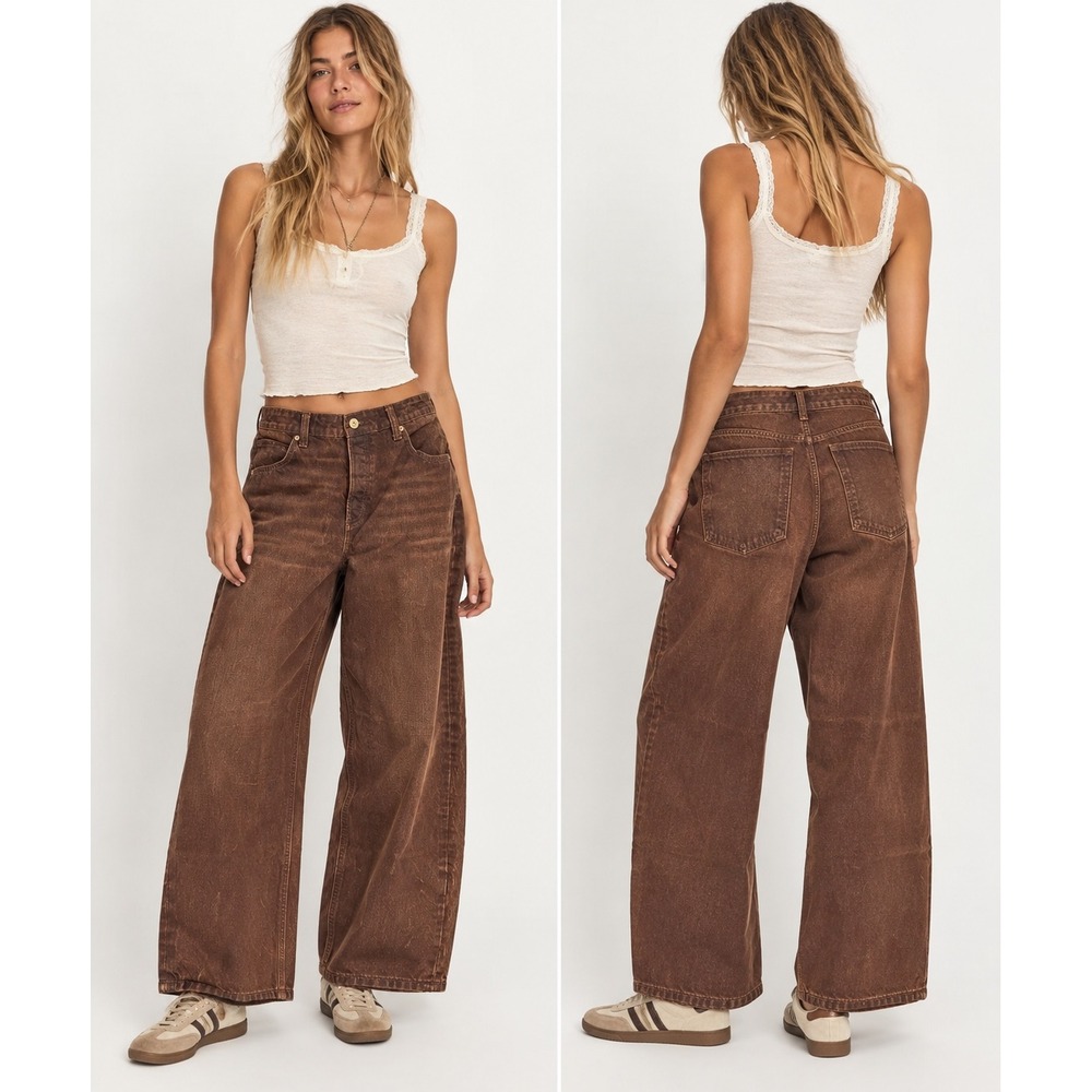 We The Free Jeans 28 Brown Cropped Wide Leg High Rise Button Fly Acid Wash Boho